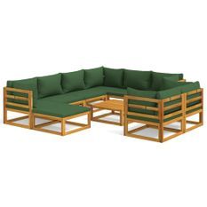 Salon de jardin 10 pcs avec coussins vert bois massif