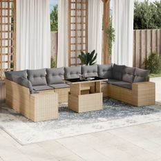 Salon de jardin 11 pcs avec coussins beige résine tressée