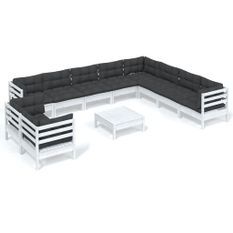 Salon de jardin 11 pcs avec coussins Blanc Bois de pin solide 4