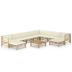 Salon de jardin 11 pcs avec coussins blanc crème Bambou