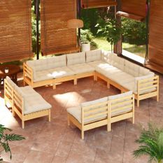 Salon de jardin 11 pcs avec coussins crème Bois de pin massif