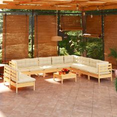 Salon de jardin 11 pcs avec coussins crème Bois de pin solide