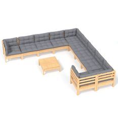Salon de jardin 11 pcs avec coussins gris Bois de pin 3