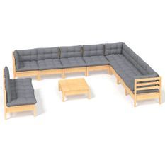 Salon de jardin 11 pcs avec coussins gris Bois de pin solide 5