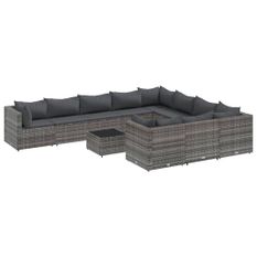 Salon de jardin 11 pcs avec coussins gris résine tressée