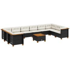 Salon de jardin 11 pcs avec coussins noir résine tressée