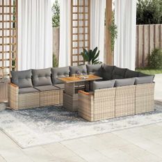 Salon de jardin 11pcs avec coussins beige résine tressée acacia