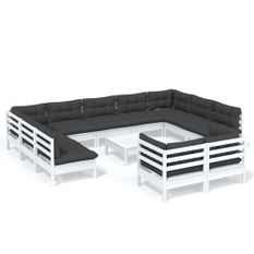 Salon de jardin 12 pcs avec coussins Blanc Bois de pin solide 3
