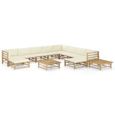 Salon de jardin 12 pcs avec coussins blanc crème Bambou 2
