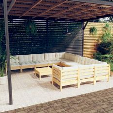 Salon de jardin 12 pcs avec coussins crème Bois de pin