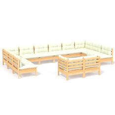 Salon de jardin 12 pcs avec coussins crème Bois de pin massif 3
