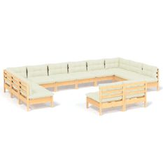 Salon de jardin 12 pcs avec coussins crème Bois de pin massif 2