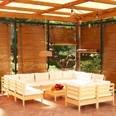 Salon de jardin 12 pcs avec coussins crème Bois de pin massif