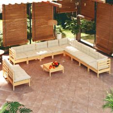 Salon de jardin 12 pcs avec coussins crème Bois de pin massif