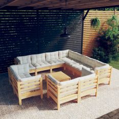 Salon de jardin 12 pcs avec coussins crème Bois de pin solide