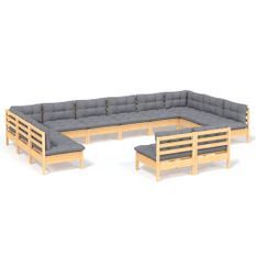 Salon de jardin 12 pcs avec coussins gris Bois de pin massif 4