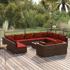 Salon de jardin 12 pcs avec coussins Marron Résine tressée