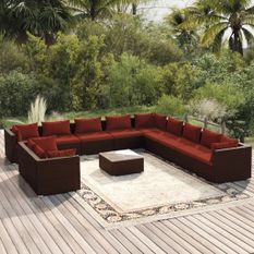 Salon de jardin 12 pcs avec coussins Marron Résine tressée