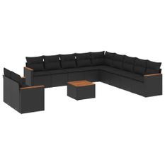 Salon de jardin 12 pcs avec coussins noir résine tressée