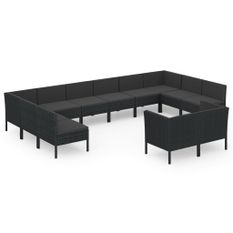 Salon de jardin 12 pcs avec coussins Résine tressée Noir 32