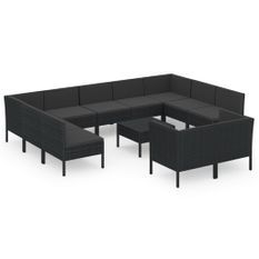 Salon de jardin 12 pcs avec coussins Résine tressée Noir 36