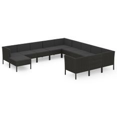 Salon de jardin 12 pcs avec coussins Résine tressée Noir 25