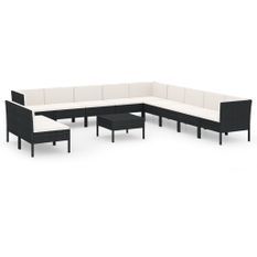 Salon de jardin 12 pcs avec coussins Résine tressée Noir 14