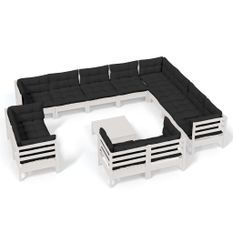 Salon de jardin 13 pcs avec coussins Blanc Bois de pin solide