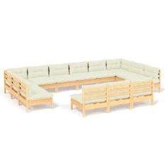Salon de jardin 13 pcs avec coussins crème Bois de pin massif
