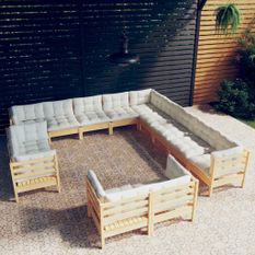 Salon de jardin 13 pcs avec coussins crème Bois de pin massif