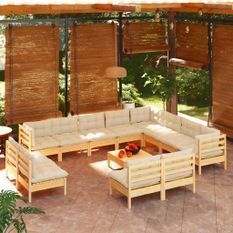 Salon de jardin 13 pcs avec coussins crème Bois de pin solide