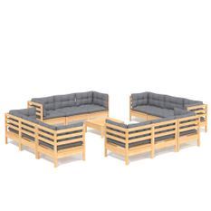 Salon de jardin 13 pcs avec coussins gris Bois de pin