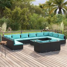 Salon de jardin 13 pcs avec coussins Noir Résine tressée