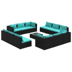 Salon de jardin 13 pcs avec coussins Résine tressée Noir 4