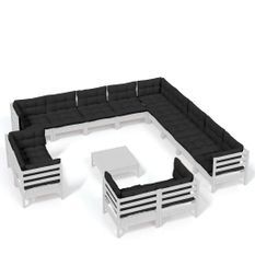 Salon de jardin 14 pcs avec coussins Blanc Bois de pin solide