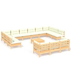 Salon de jardin 14 pcs avec coussins crème Bois de pin