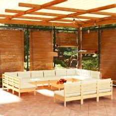 Salon de jardin 14 pcs avec coussins crème Bois de pin massif
