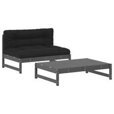 Salon de jardin 2 pcs avec coussins gris bois massif