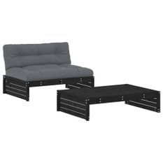 Salon de jardin 2 pcs avec coussins noir bois massif