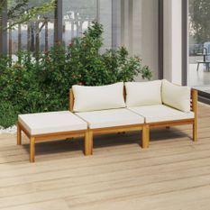 Salon de jardin 3 pcs avec coussin crème Bois d'acacia solide 2