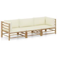 Salon de jardin 3 pcs avec coussins blanc crème Bambou 2