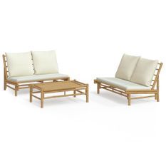 Salon de jardin 3 pcs avec coussins blanc crème bambou