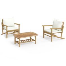 Salon de jardin 3 pcs avec coussins blanc crème bambou