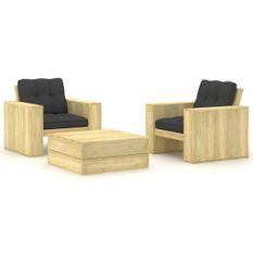 Salon de jardin 3 pcs avec coussins Bois de pin imprégné 7