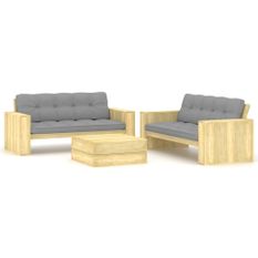 Salon de jardin 3 pcs avec coussins Bois de pin imprégné