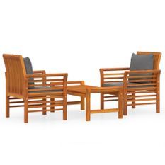 Salon de jardin 3 pcs avec coussins Bois massif d'acacia 2