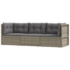 Salon de jardin 3 pcs avec coussins Gris Résine tressée