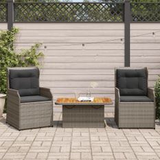 Salon de jardin 3 pcs avec coussins Gris Résine tressée