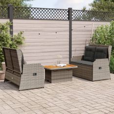 Salon de jardin 3 pcs avec coussins Gris Résine tressée