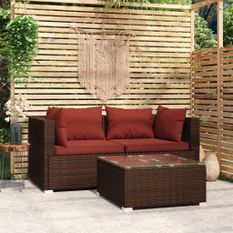 Salon de jardin 3 pcs avec coussins Marron Résine tressée